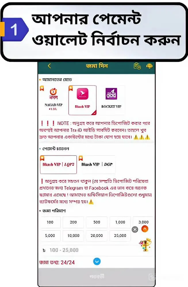 FAST PAYMENT ধাপ ১ — bKash VIP নির্বাচন করুন