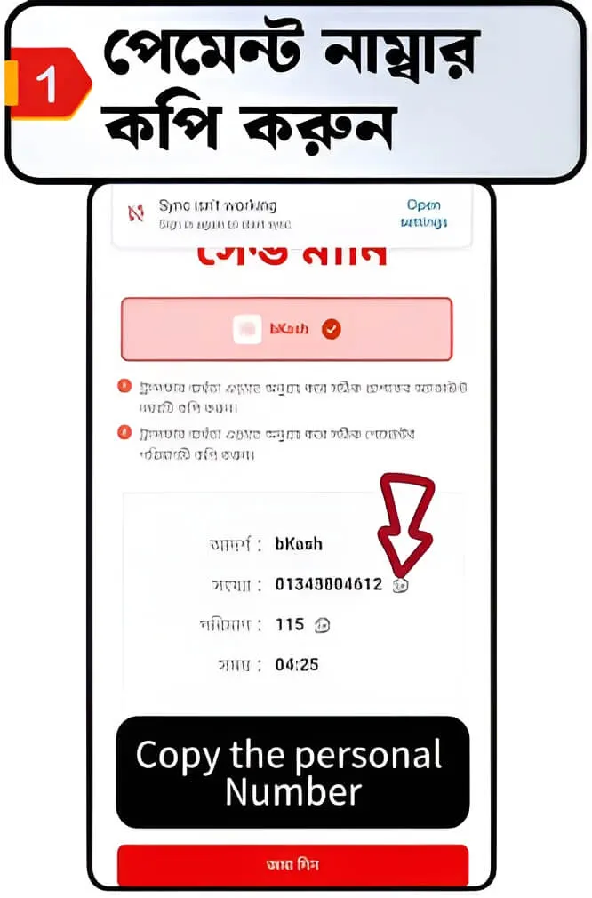 bKash পে মানি ধাপ ১ — TK666 জমা পৃষ্ঠায় প্রাপক নম্বর কপি করুন